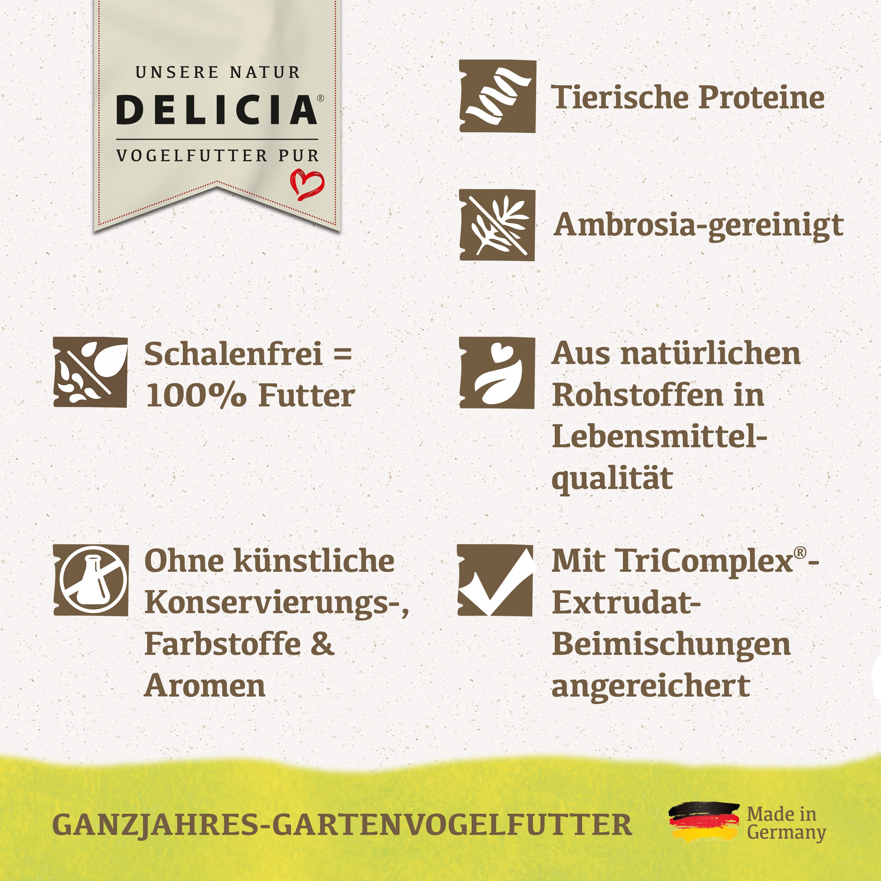 Delicia Vital Futter-Mix, Ganzjahres Vogelfutter, Streufutter, Schalenfrei, Ambrosia frei, mit Erdnusskernen und Rosinen