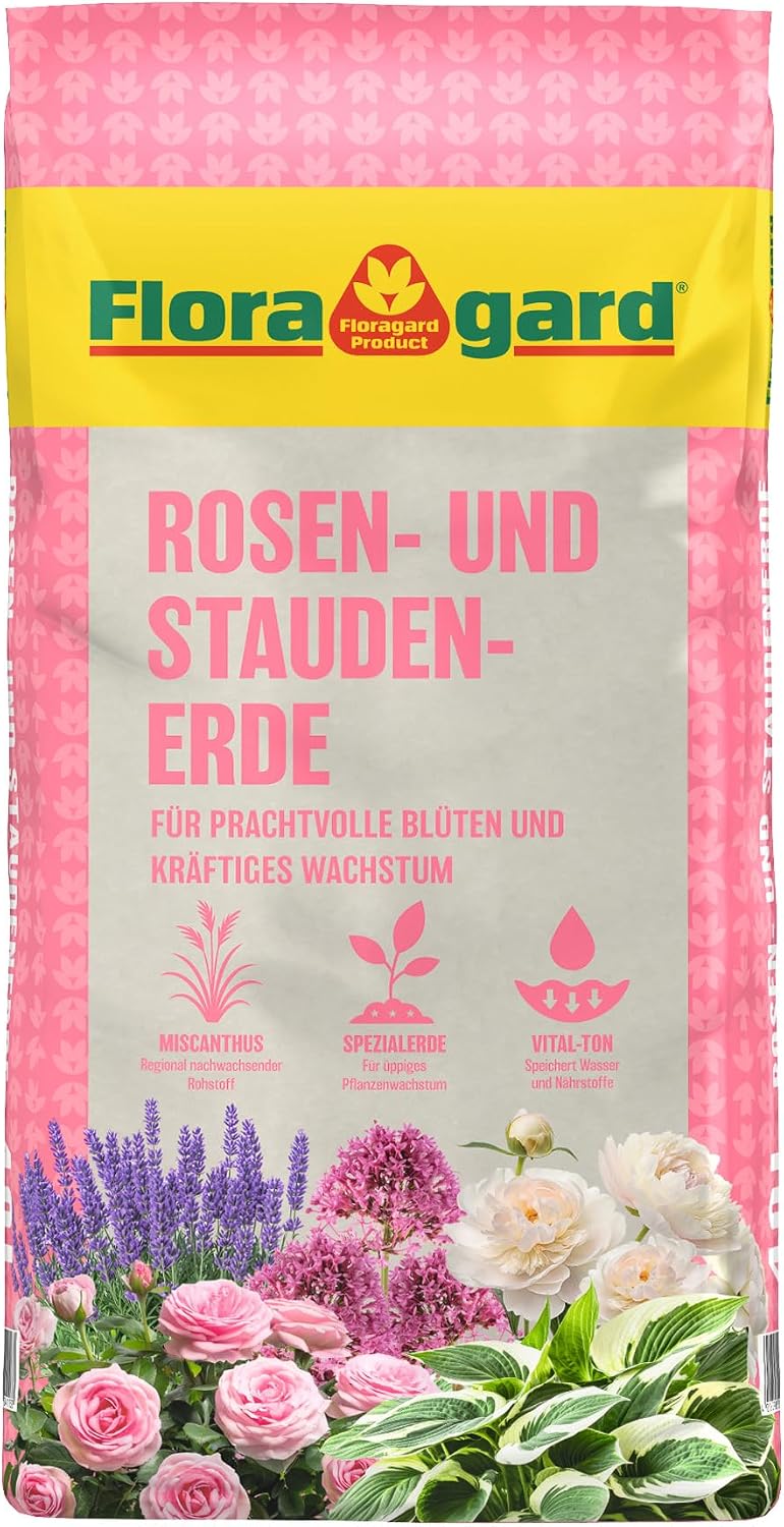 Floragard Rosenerde und Staudenerde, torfreduzierte Spezialerde mit Ton für Rosen und Stauden im Garten und Kübel