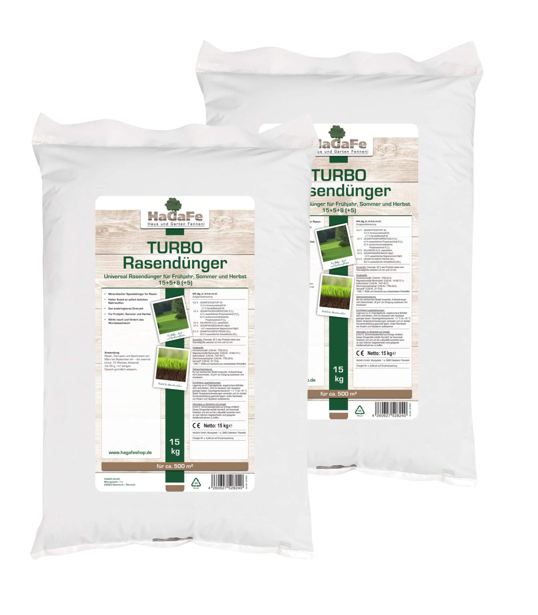 HaGaFe TURBO Rasendünger mit 15% Stickstoff, Universal Rasen - Dünger für Frühjahr, Sommer, Herbst, für schnelles sattes Grün