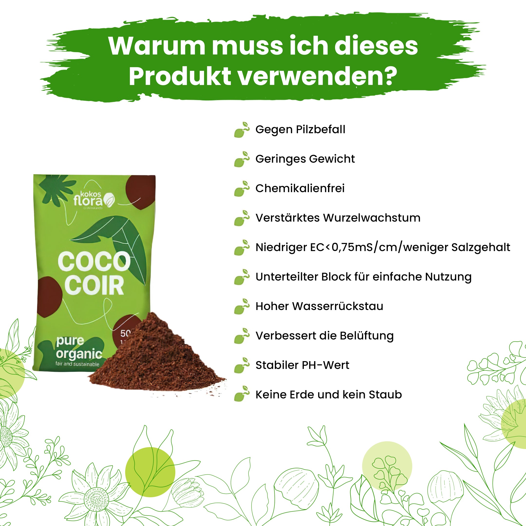 Kokos Flora Coco Coir Kokosnusserde, Kokossubstrat, Blumenerde, Pflanzerde, Topferde, 100% Kokosfasern