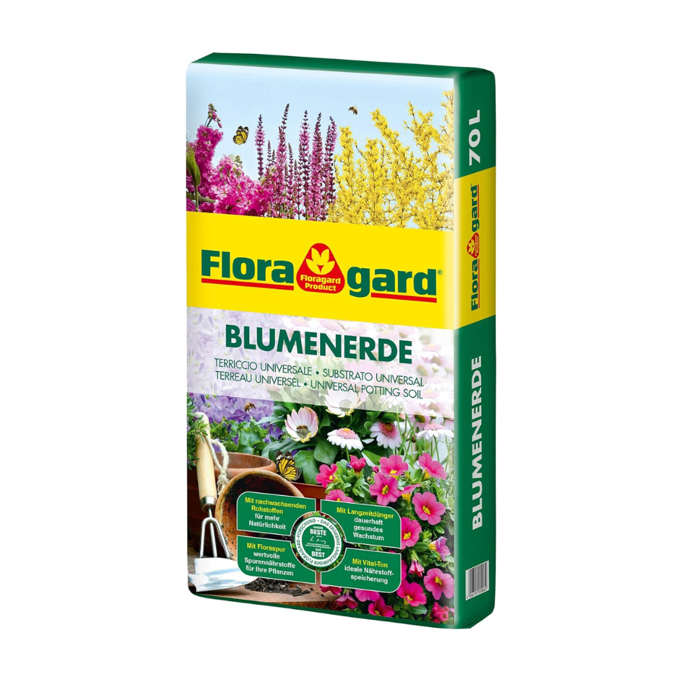 Floragard Blumenerde 70L, Universalerde mit Ton und Langzeitdünger, Topferde, Gartenerde, Erde