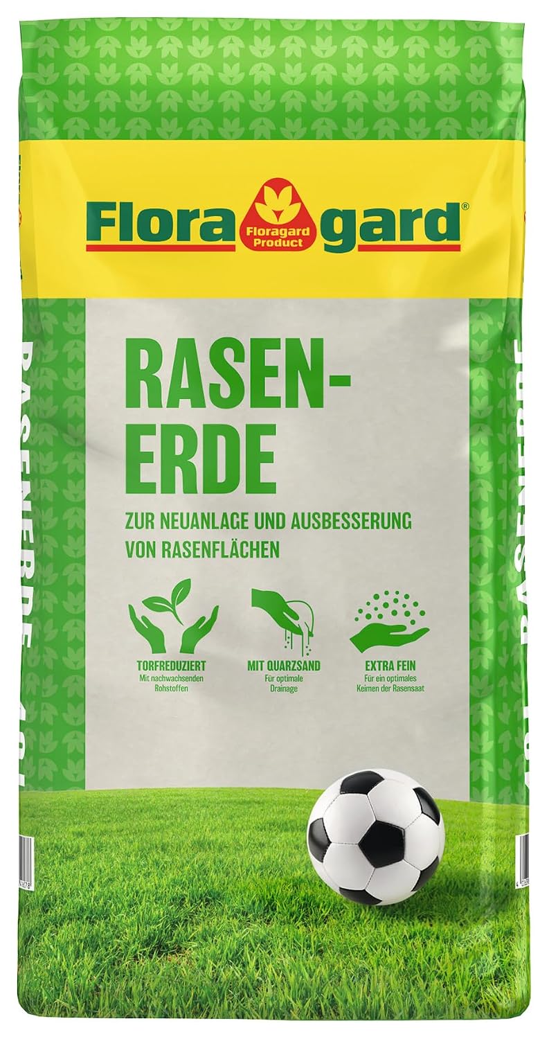 Floragard Rasenerde 40 L – lockeres Rasensubstrat mit Quarzsand & Naturdünger Guano zur Neuanlage, Ausbesserung & Pflege von Rasenflächen – fördert schnelle Keimung sowie grünen & gleichmäßigen Rasen