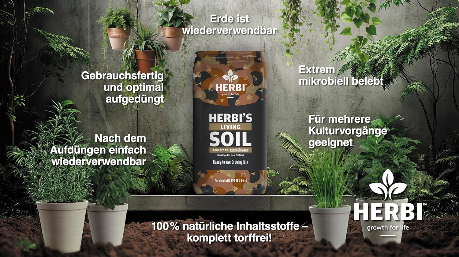 Floragard Herbi Living Soil, 40 L Bio Erde mit natürlichen Inhaltstoffen, Mikrobiell belebt
