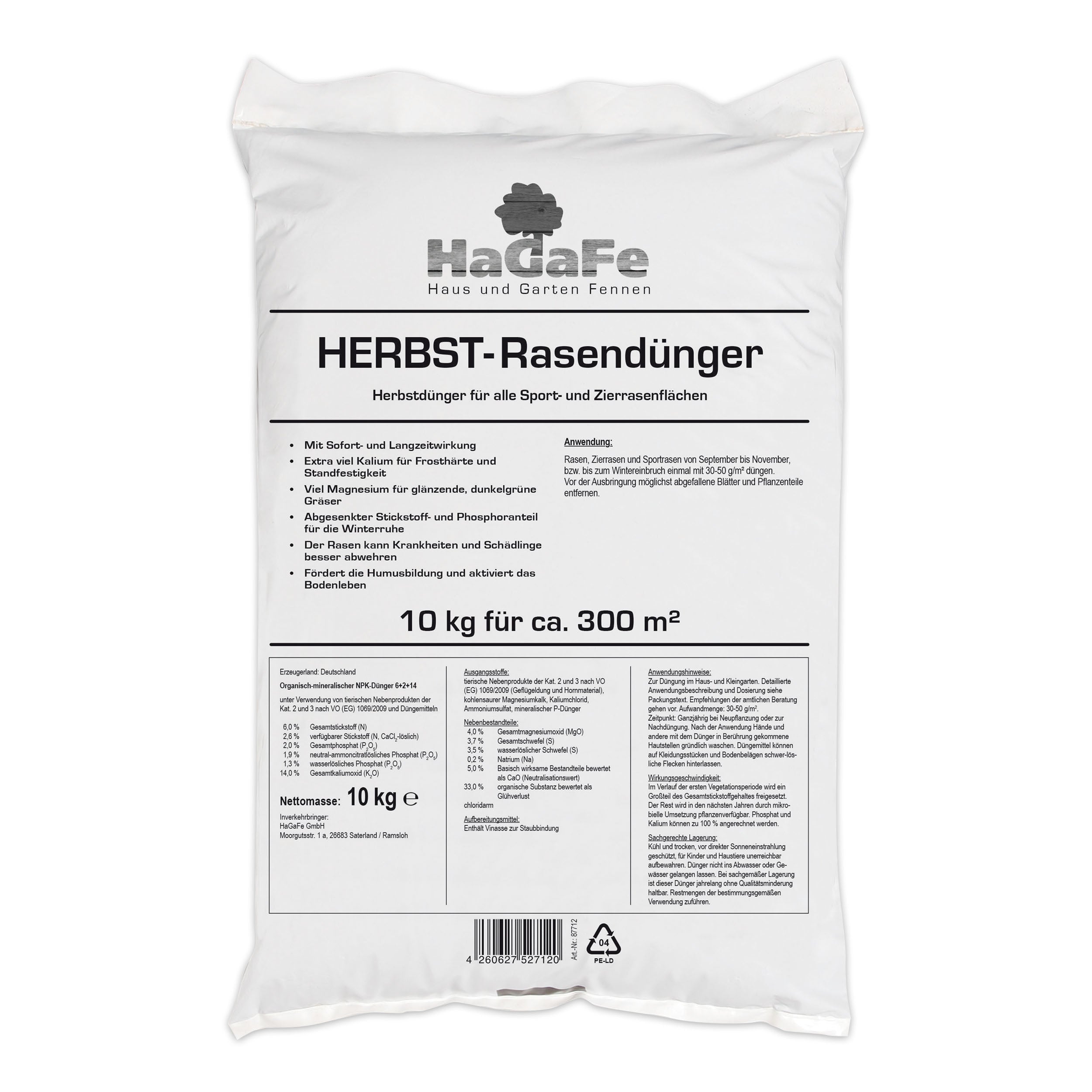 HaGaFe Herbstrasendünger, Herbst - Rasendünger, Kaliumdünger, Dünger, für Frosthärte und Standfestigkeit, mit Sofort.- und Langzeitwirkung