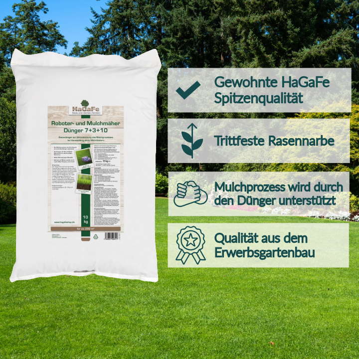 HaGaFe Rasendünger für Mulchmäher und Mähroboter, Rasen Dünger, Spezialdünger mit viel Kalium