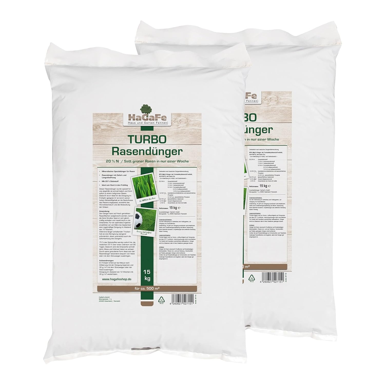 HaGaFe TURBO Rasendünger, 20% N Dünger, Volldünger, Spezialdünger mit Sofort und Langzeitwirkung, sattes Grün in einer Woche