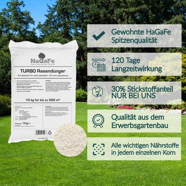 HaGaFe TURBO Rasendünger mit 30% Stickstoff, Rasen - Dünger mit Sofortwirkung und 120 Tage Langzeitwirkung, für ein dauerhaftes sattes Grün
