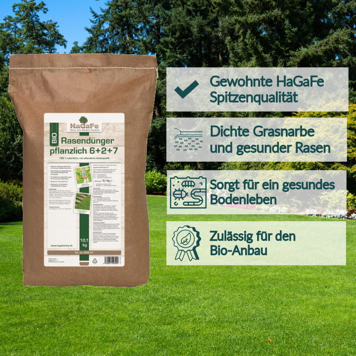 HaGaFe Bio Rasendünger, rein pflanzlich im Papierbeutel, Rasen - Dünger mit Langzeitwirkung, staubarme Krümelstruktur