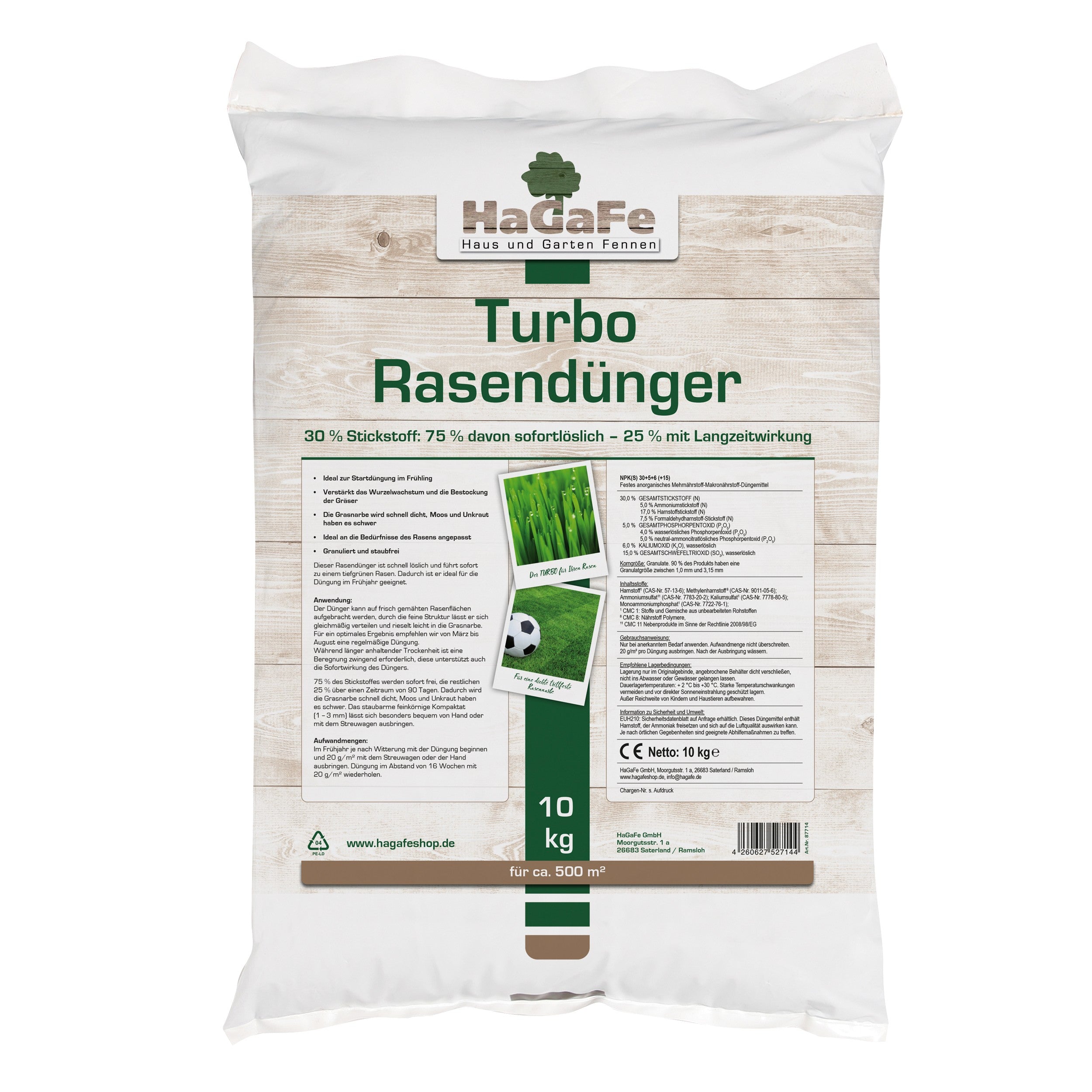 HaGaFe TURBO Rasendünger mit 30% Stickstoff, Rasen - Dünger mit Sofortwirkung und 120 Tage Langzeitwirkung, für ein dauerhaftes sattes Grün