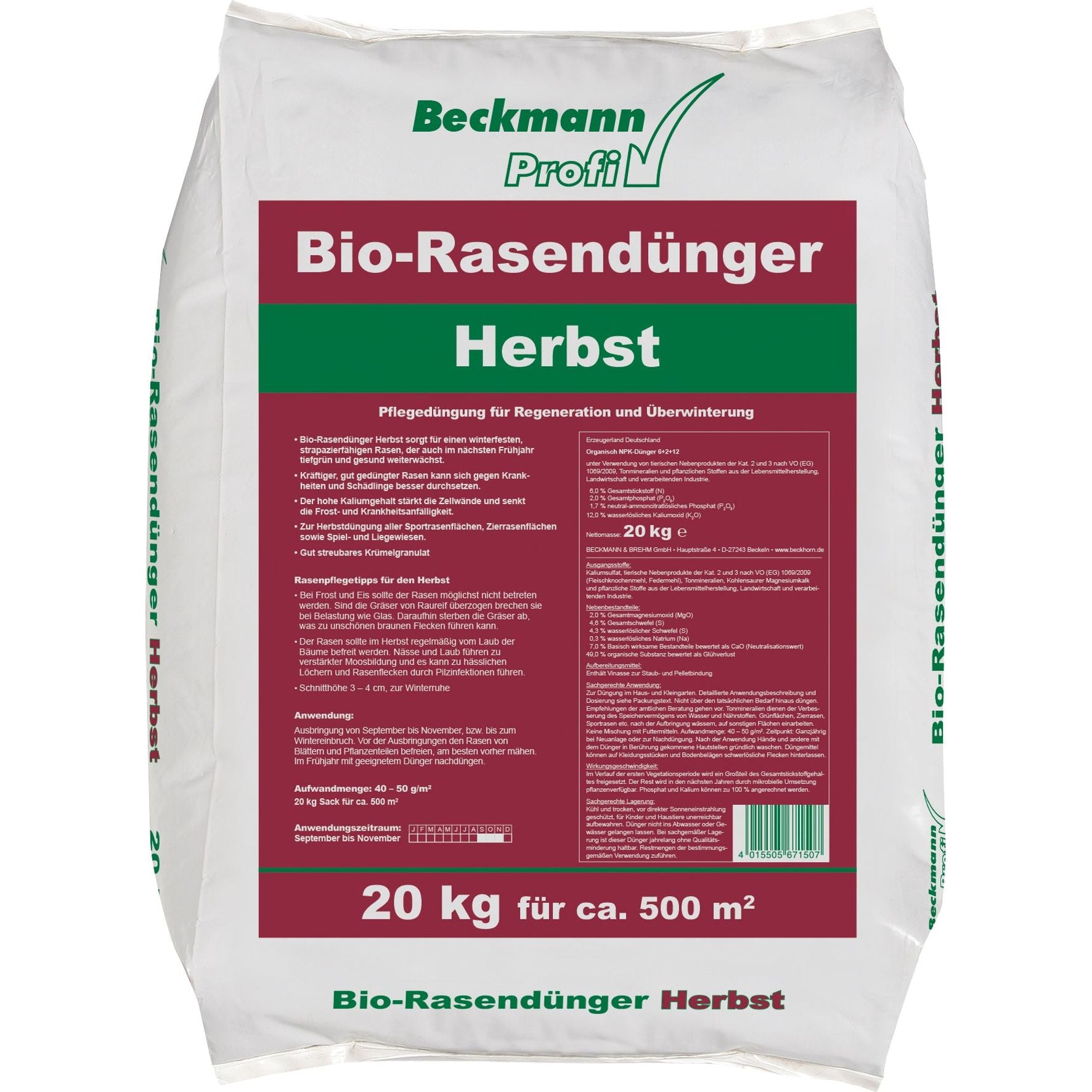 Beckmann Profi Bio Herbstrasendünger 20kg, Herbst - Rasendünger, Kalium - Dünger für 500 m²