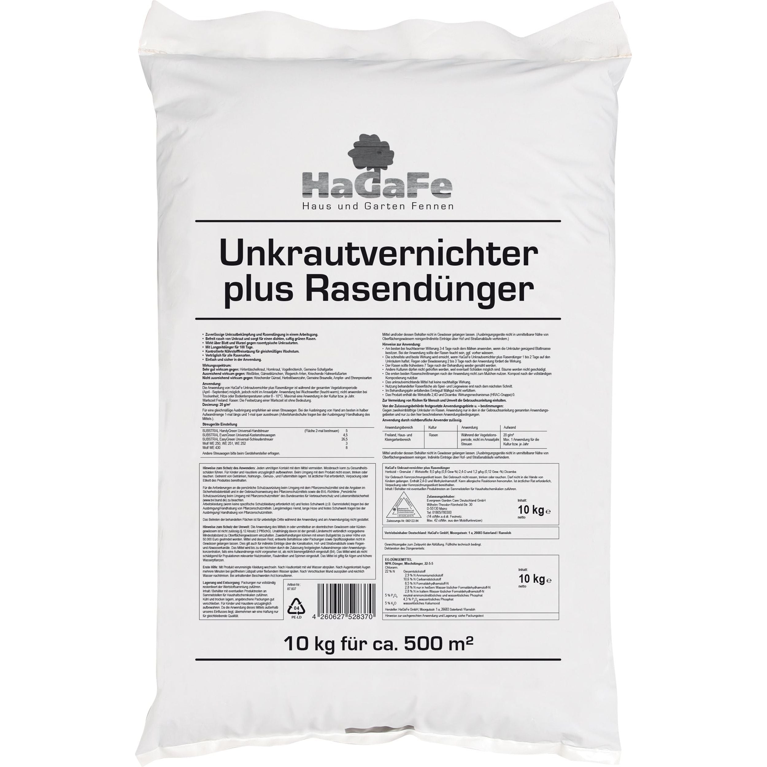 HaGaFe Unkrautvernichter plus Rasendünger, Dünger mit UV, NPK, Volldünger, Rasen düngen plus Unkraut vernichten