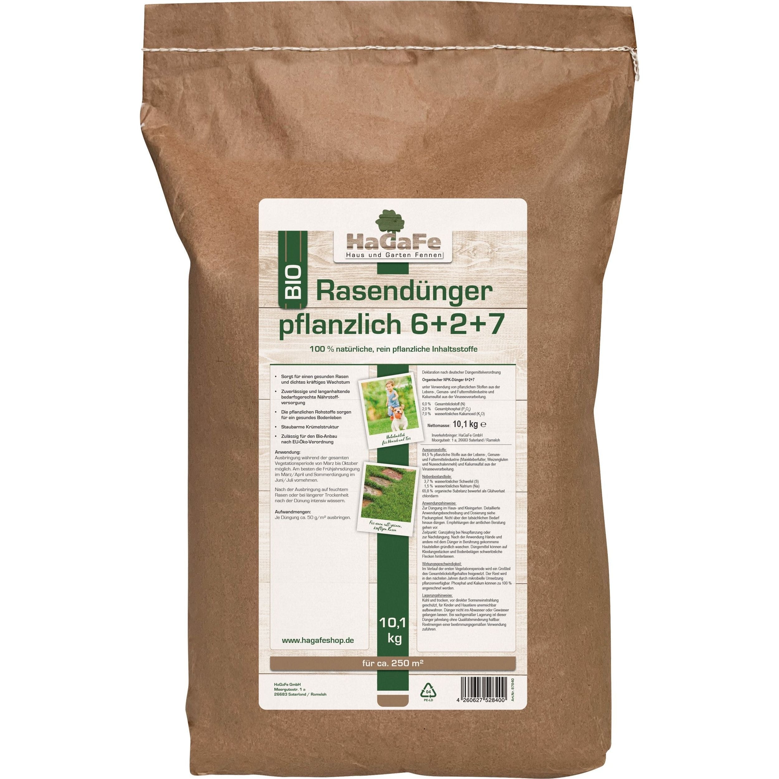 HaGaFe Bio Rasendünger, rein pflanzlich im Papierbeutel, Rasen - Dünger mit Langzeitwirkung, staubarme Krümelstruktur