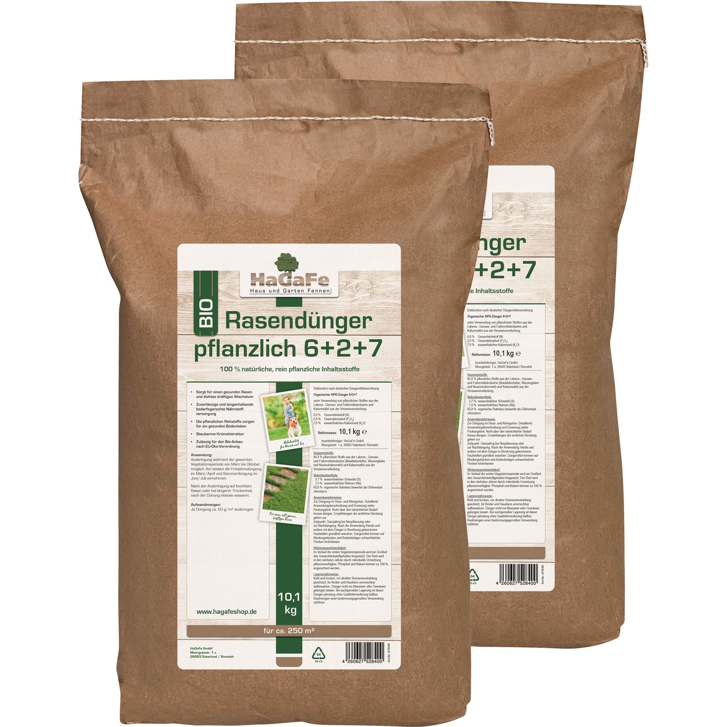 HaGaFe Bio Rasendünger, rein pflanzlich im Papierbeutel, Rasen - Dünger mit Langzeitwirkung, staubarme Krümelstruktur