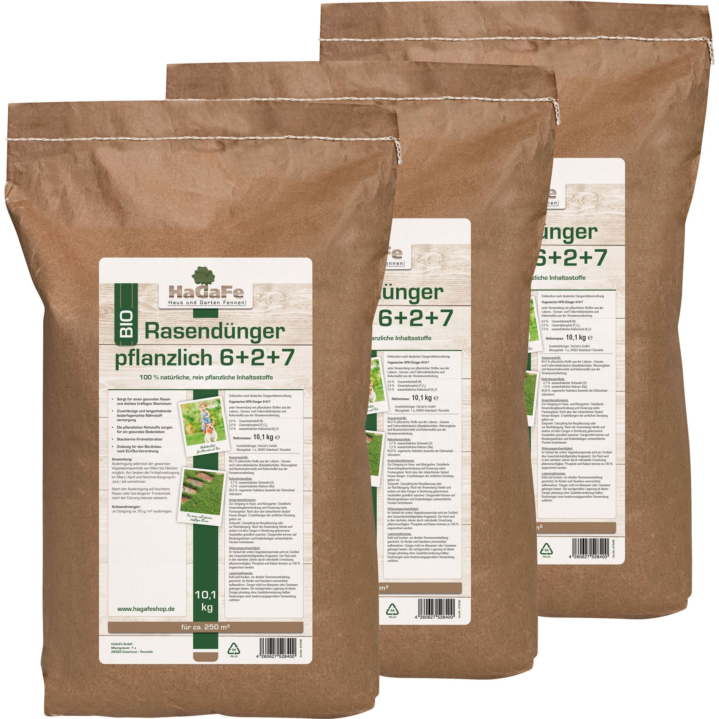 HaGaFe Bio Rasendünger, rein pflanzlich im Papierbeutel, Rasen - Dünger mit Langzeitwirkung, staubarme Krümelstruktur