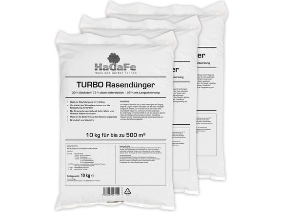 HaGaFe TURBO Rasendünger mit 30% Stickstoff, Rasen - Dünger mit Sofortwirkung und 120 Tage Langzeitwirkung, für ein dauerhaftes sattes Grün