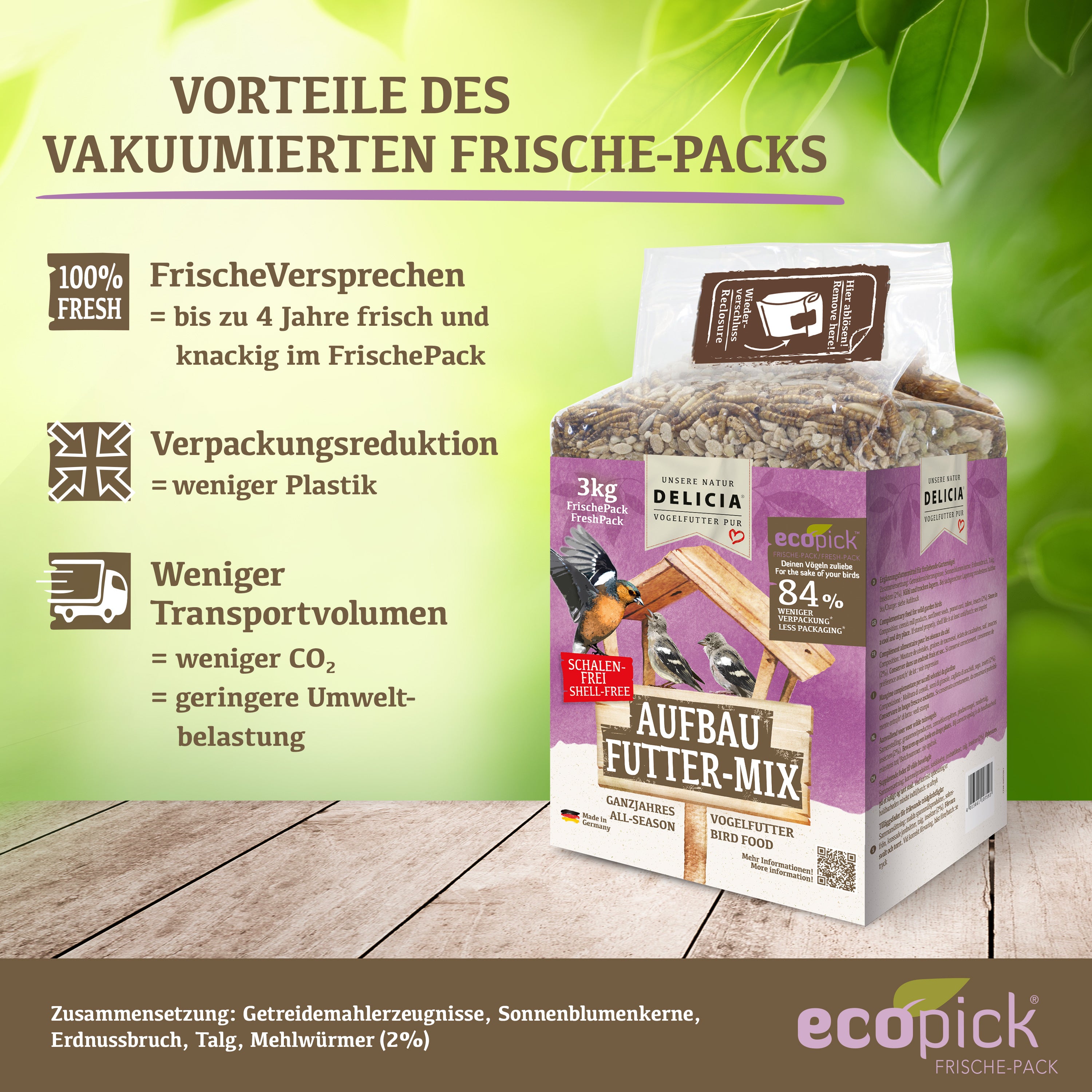 Delicia Aufbau Futter Mix, Vogelfutter, Streufutter, mit Mehlwürmern, Erdnüssen und Sonnenblumenkernen, Ambrosia gereinigt, Schalenfrei