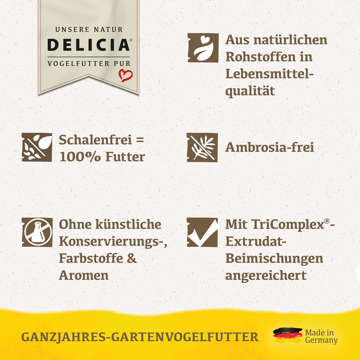 Delicia Sonnenblumen Futter - Mix, Ganzjahres Vogelfutter, Streufutter, Schalenfrei, Ambrosiafrei, ohne Konservierungsstoffe