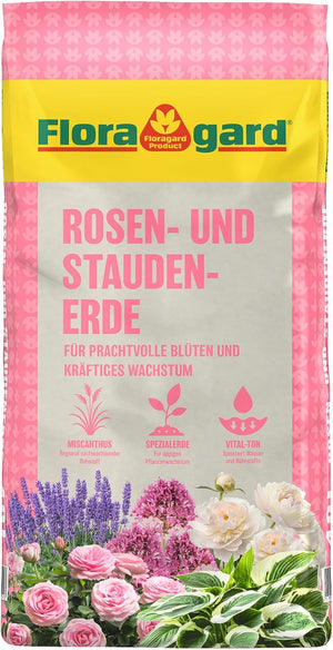 Floragard Rosenerde und Staudenerde, torfreduzierte Spezialerde mit Ton für Rosen und Stauden im Garten und Kübel