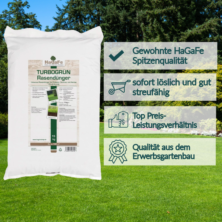 HaGaFe TURBOGRÜN, Universal TURBO Rasendünger, Frühjahr, Sommer, Herbst, Rasen - Dünger mit viel Stickstoff für sattes Grün