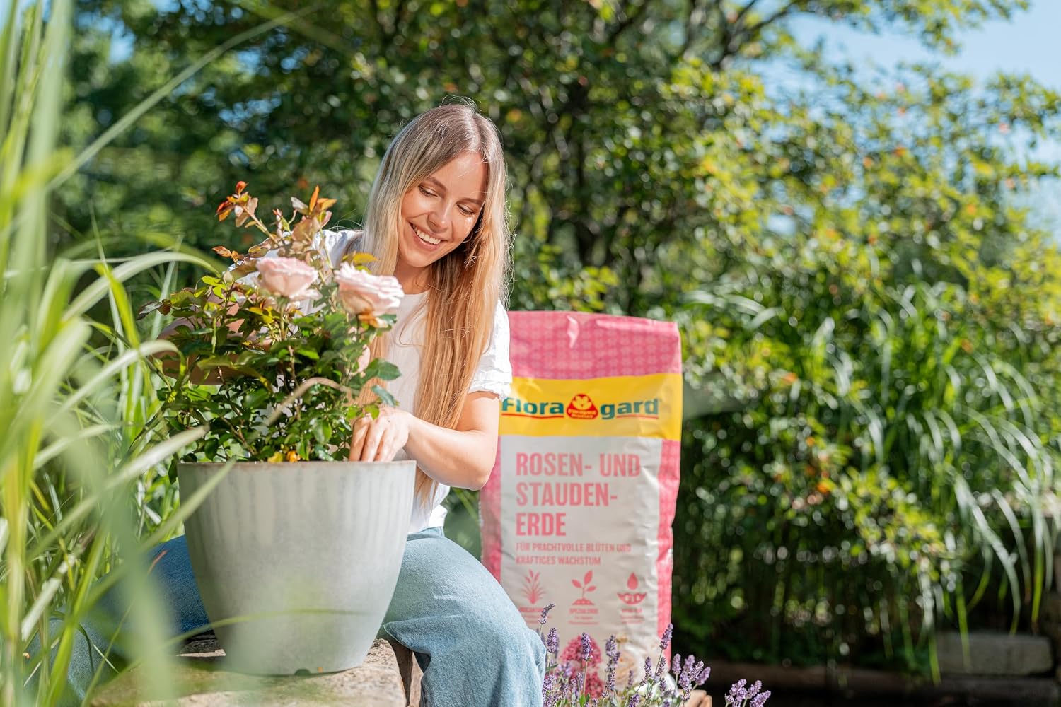 Floragard Rosenerde und Staudenerde, torfreduzierte Spezialerde mit Ton für Rosen und Stauden im Garten und Kübel