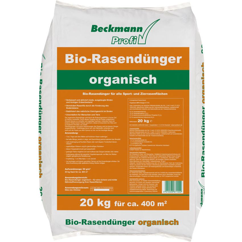 Beckmann Profi Bio Rasendünger 20 kg rein organisch NPK Dünger Volldünger