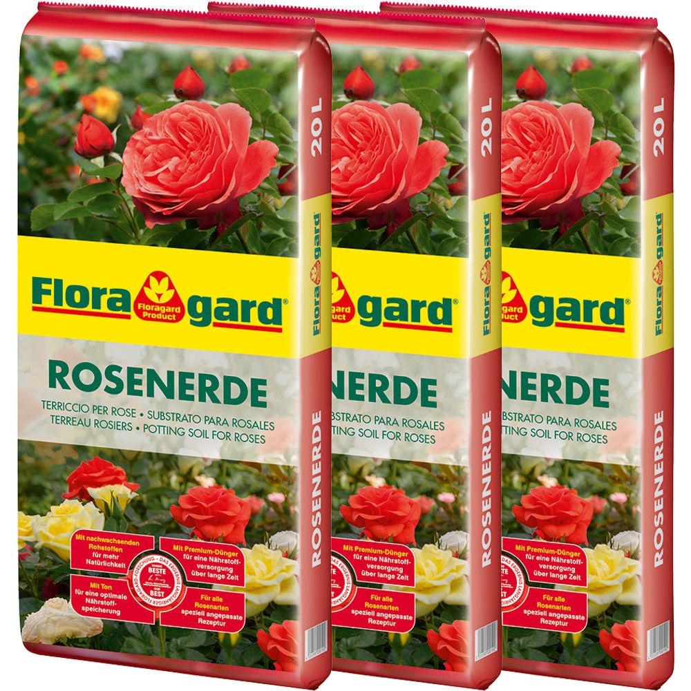 Floragard Rosenerde Rosen Erde Rosensubstrat Substrat Spezialsubstrat Liter | 60 L (3 x 20 L)